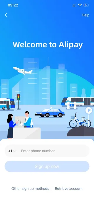 Welcome to Alipay sign-up screen with phone number field