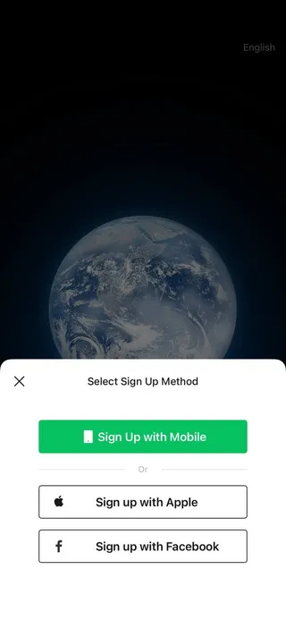 Select sign-up method screen with mobile, Apple, and Facebook options