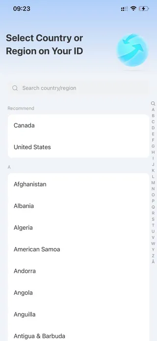 Select country or region on your ID screen with searchable country list