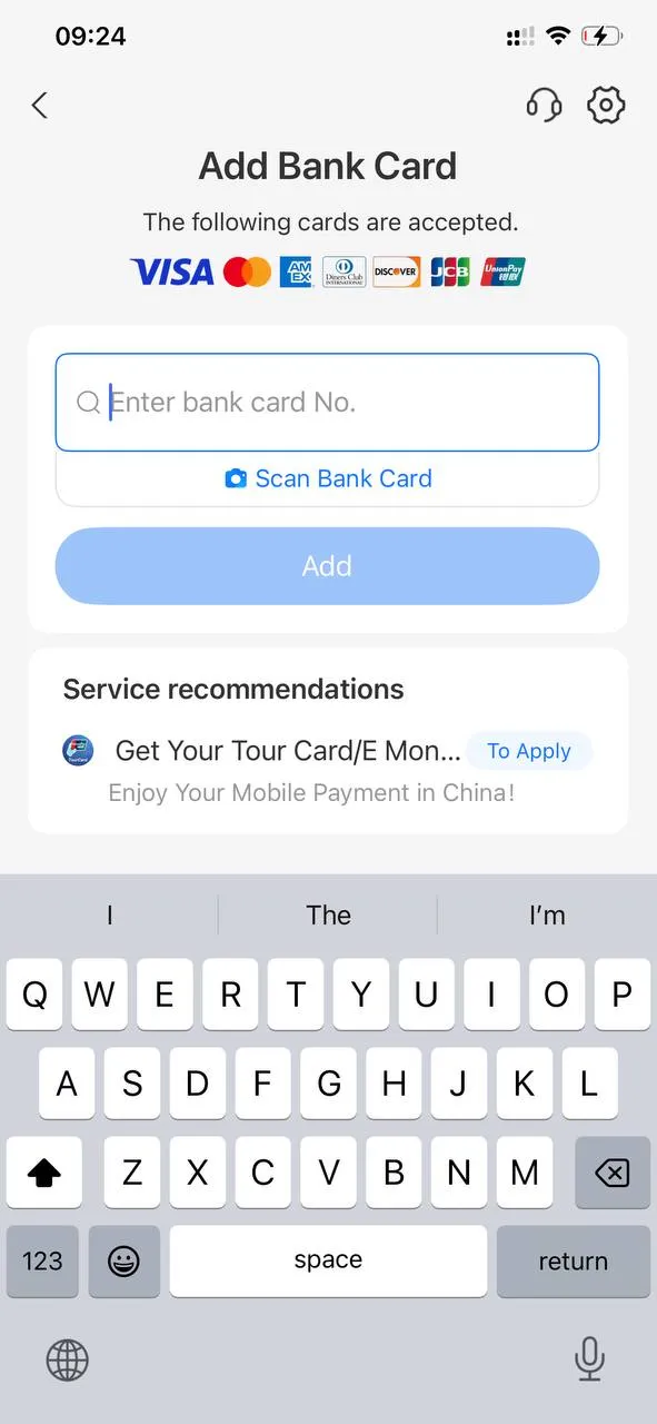 The Add Bank Card screen in Alipay showing the accepted international card networks