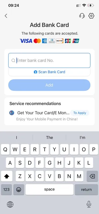 Add Bank Card screen showing accepted card networks Visa Mastercard Amex Discover JCB UnionPay