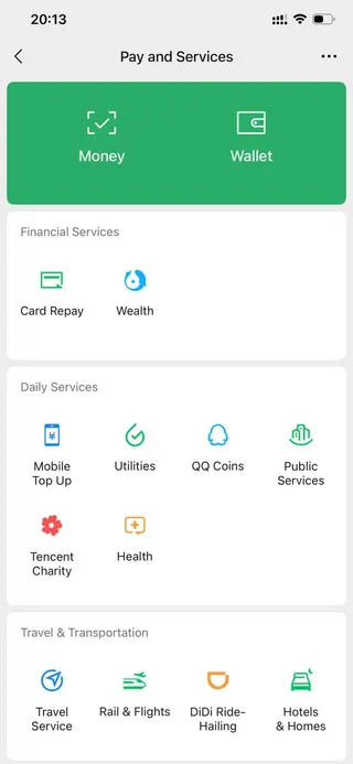 WeChat Pay and Services screen with Money and Wallet