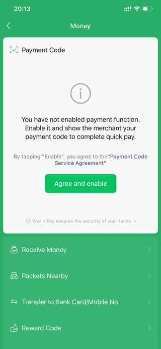 WeChat enable payment code screen