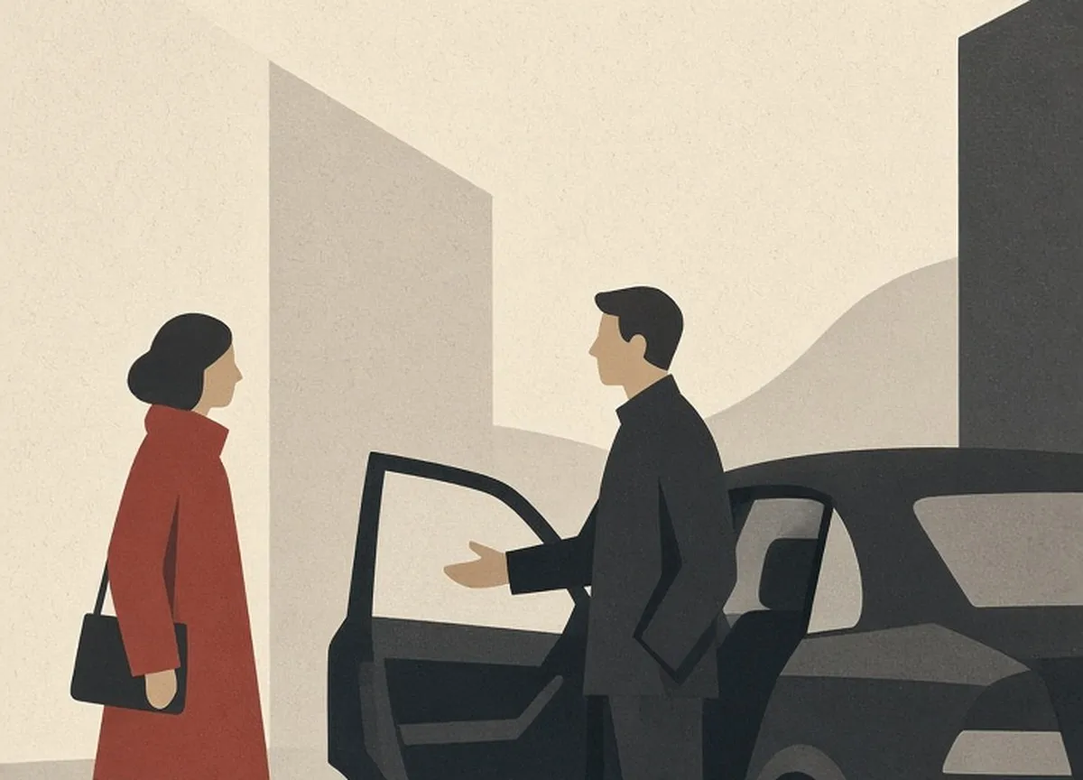 Illustration of a driver standing beside an open car door as a traveller with a bag approaches
