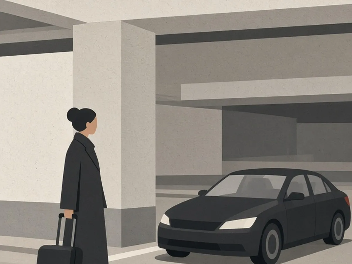 Illustration of a traveller with a suitcase waiting in a marked ride-hailing bay inside an airport car park as a car pulls up
