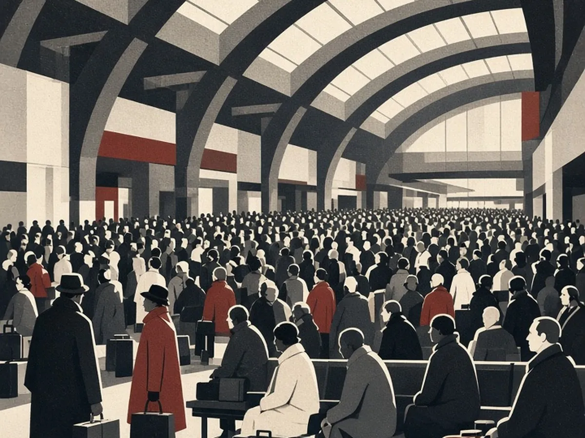 Illustration of a vast railway departure hall packed shoulder to shoulder with travellers and luggage