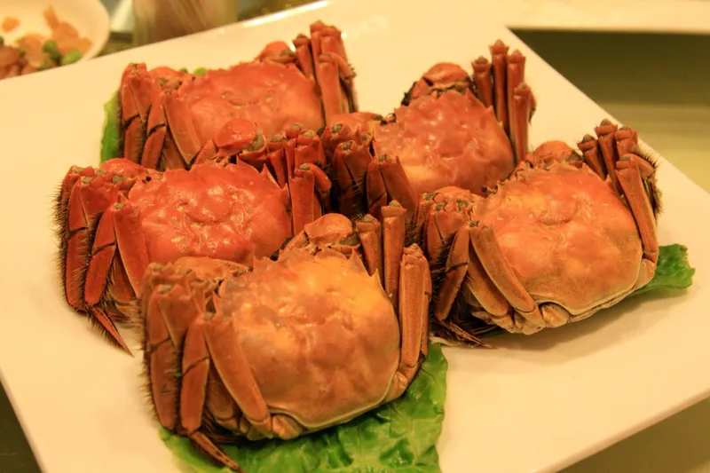 Steamed hairy crabs served on a platter with lettuce leaves