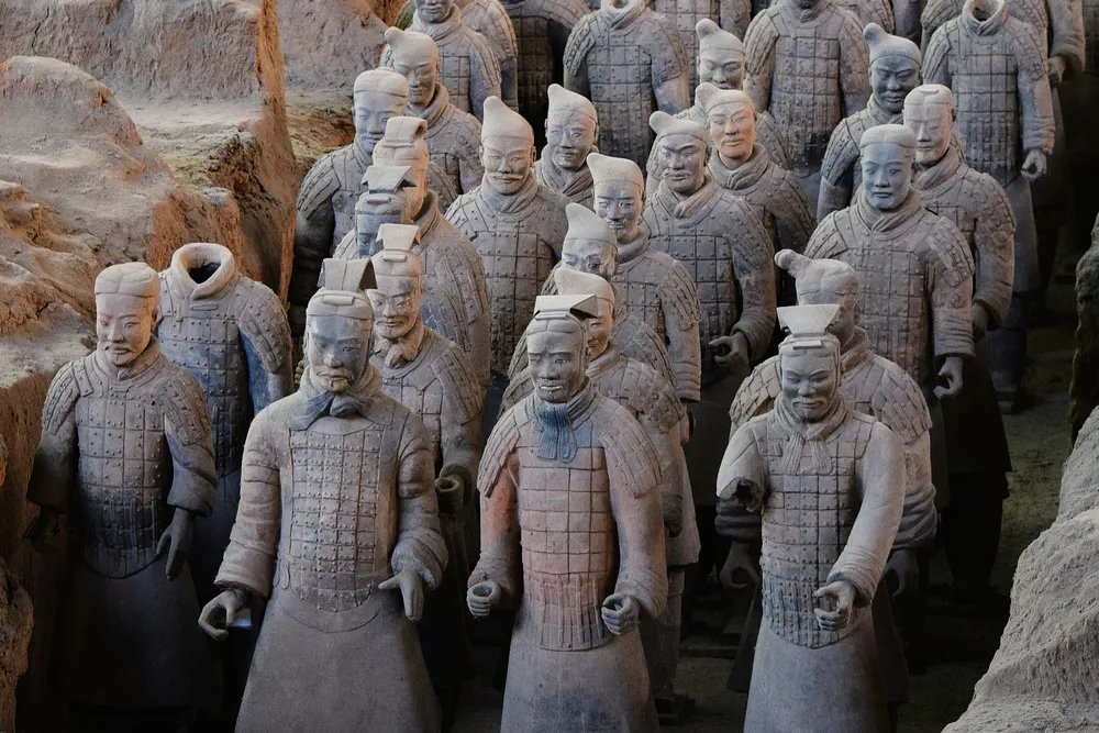 Rows of Terracotta Army warriors in the excavation pit in Xi'an