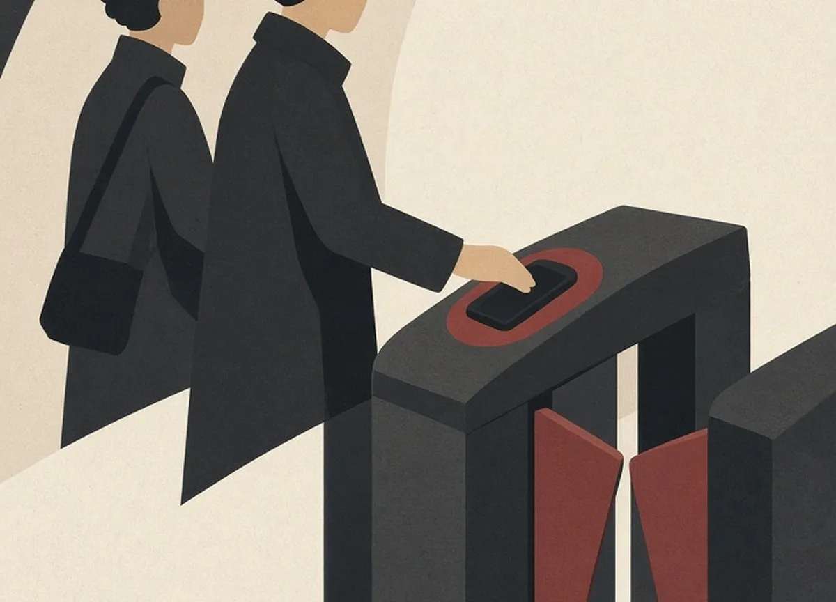Illustration of a passenger holding a phone flat against the round scanner on top of a metro ticket barrier