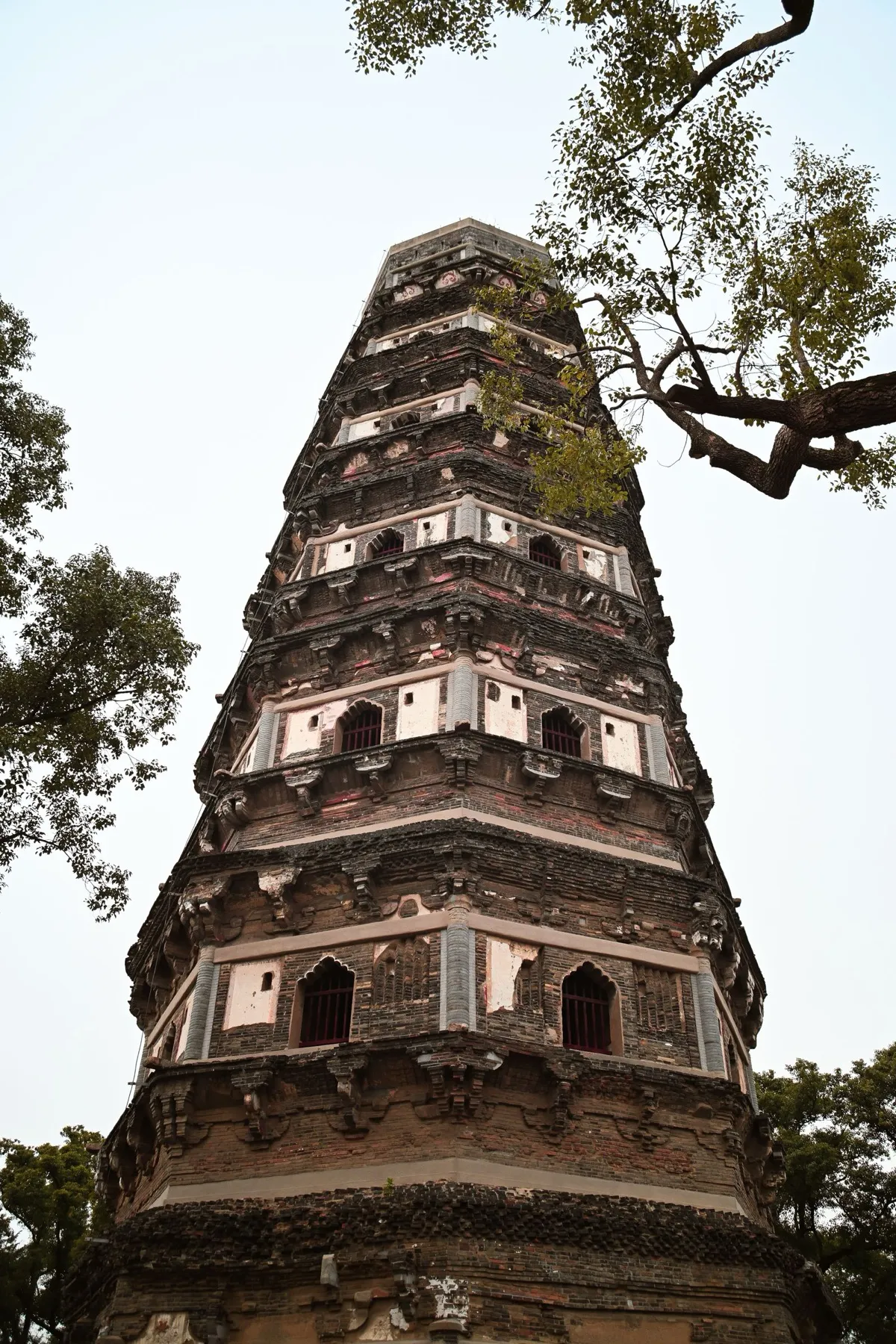 The leaning brick Yunyan Pagoda at Tiger Hill viewed from below through tree branches