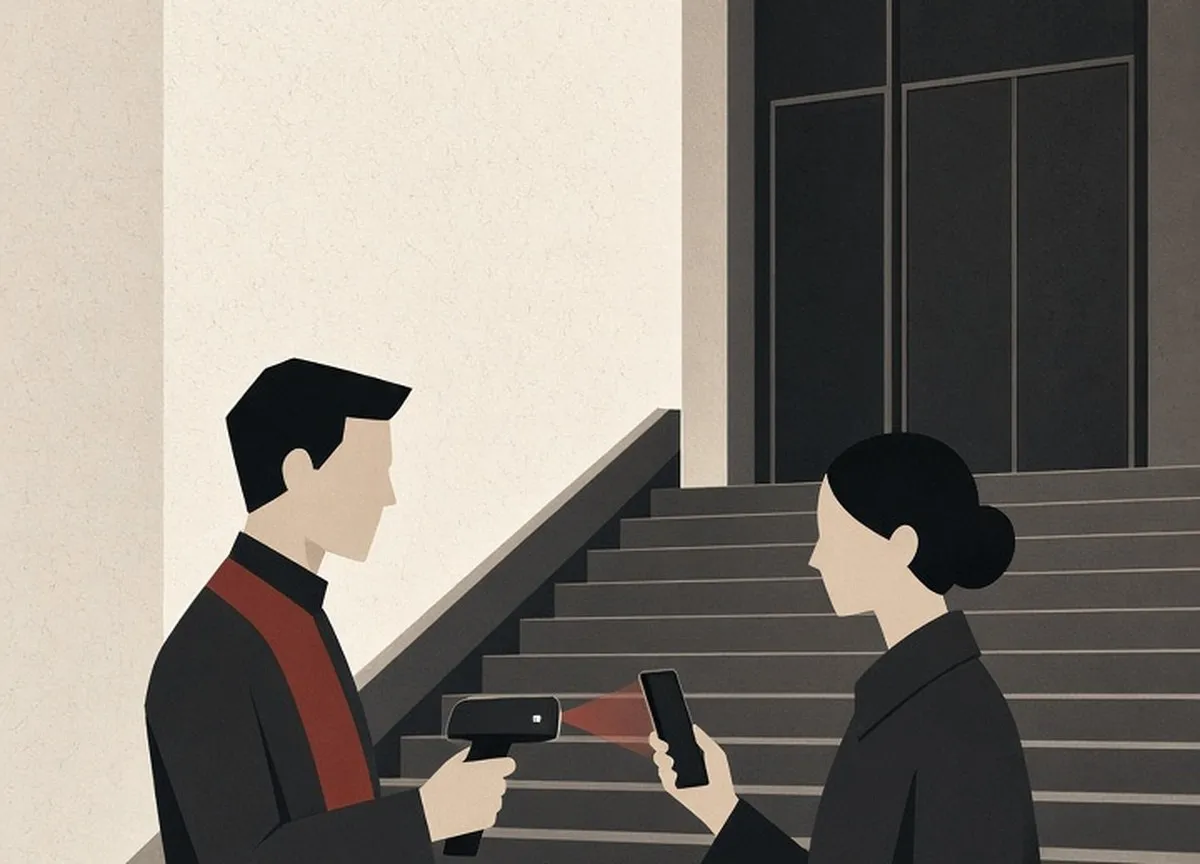 Illustration of an usher scanning a phone held up by a visitor in a theatre foyer
