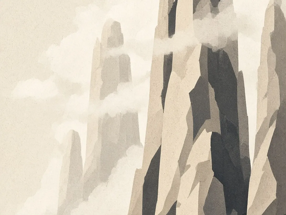 Illustration of a shuttle bus at the foot of tall narrow sandstone pillars, with travellers stepping off toward a path